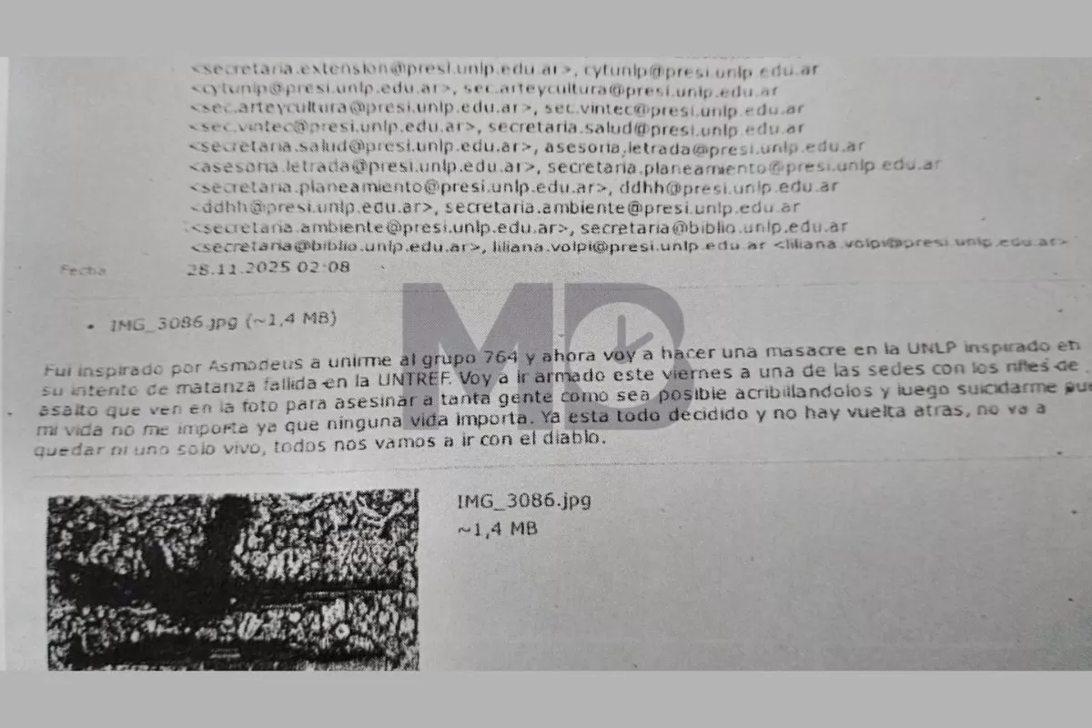 El mail que encendió la alarma en la Facultad de Artes de la UNLP: fotos de armas, amenaza de masacre y fecha anunciada